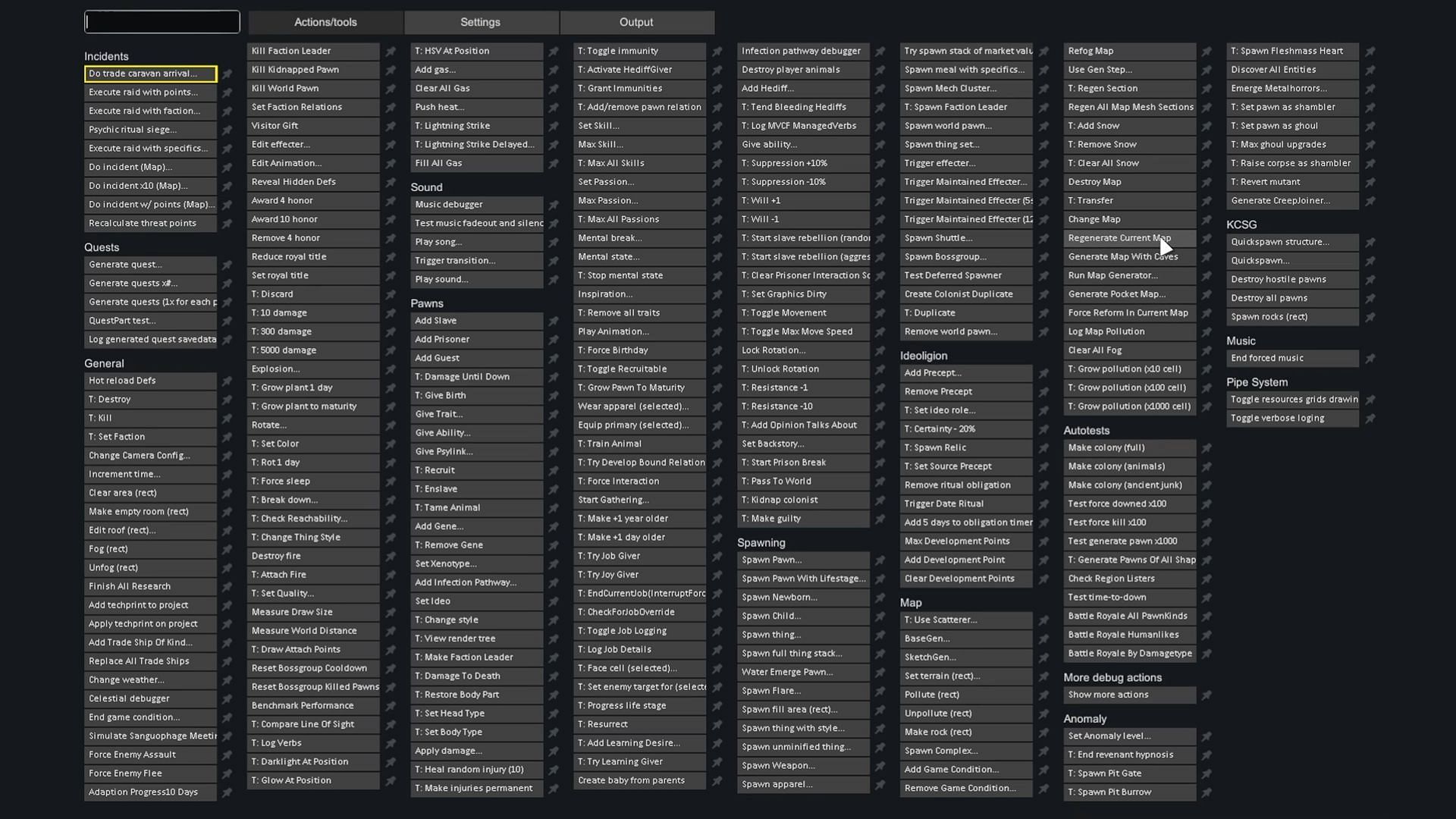RimWorld console commands in Debug Settings (Image via Ludeon Studios)